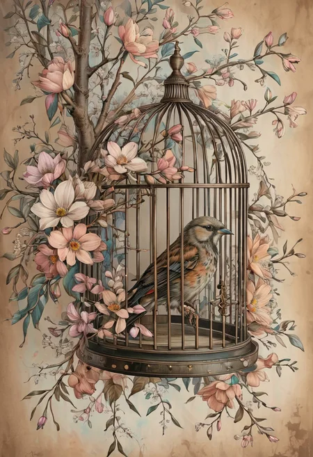 light pastell tones, very aged dark brown paper, inkpunk, Botanical illustration, 1bird sitting in a birdcage, door open, multicolored flowers, branches, fine lines, will-o'-the-wipe light, overall detail, extremely detailed,awardwinning, masterpiece