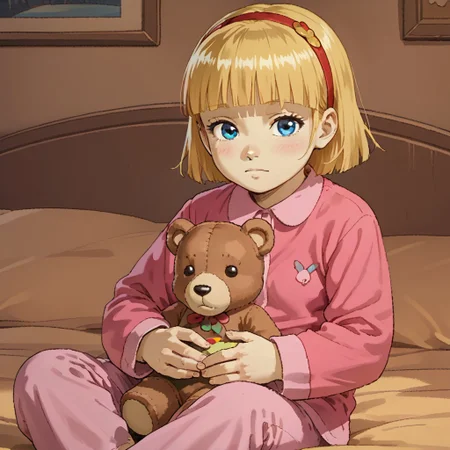 score_9, score_8, score_7, break, solo, lillian_h, 1girl, blonde hair, short hair, hairband, blue eyes, blunt bangs, pajamas, sitting, bed, cute, looking at viewer, stuffed animal