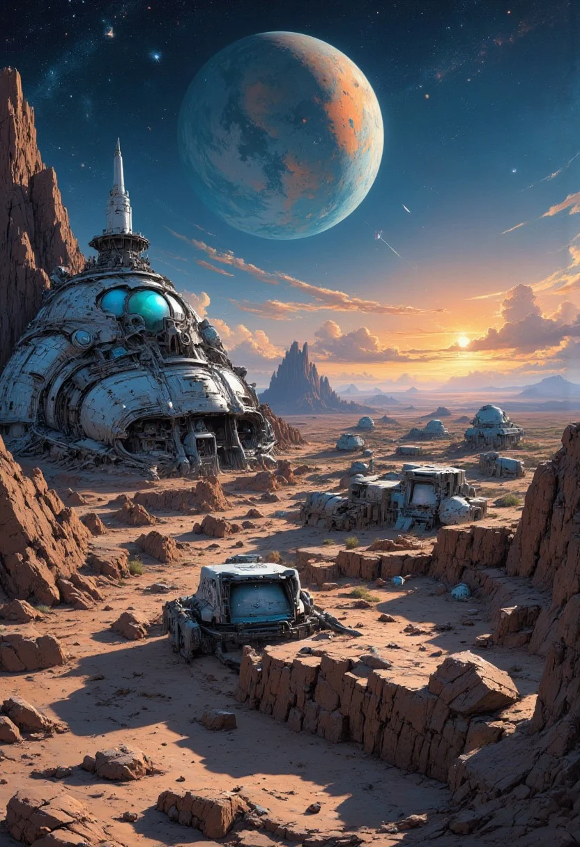 mythp0rt, masterpiece oil painting, landscape of a futuristic sci-fi moon base, gleaming metals and ceramics, domes, cratered environment, dusty, thin haze, a large planet dominating the skyline