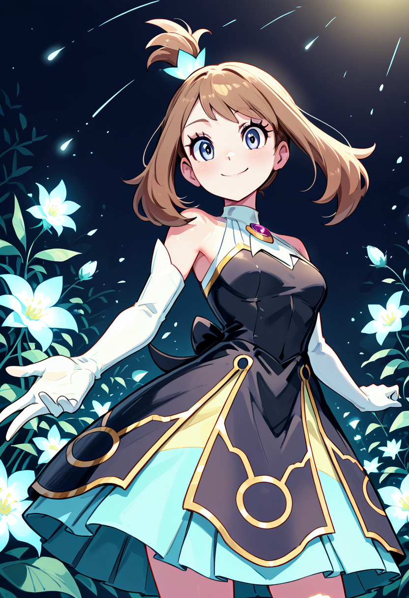 masterpiece, best quality, 1girl, eyelashes, (beautiful eyes), looking at viewer, smile,   zzMayCh, hair ornament, elbow gloves, white gloves, black dress, eyelashes, sleeveless dress, multicolored dress, solo, standing pose, garden at night, glowing flowers, serene expression â Amid a moonlit garden, zzMayCh stands serenely, her sleeveless multicolored dress catching the soft glow of enchanted blooms as her eyelashes cast delicate shadows.   (dynamic pose, foreshortening),  ,<lora:MayChampionPokemon_IXL:0.8>,