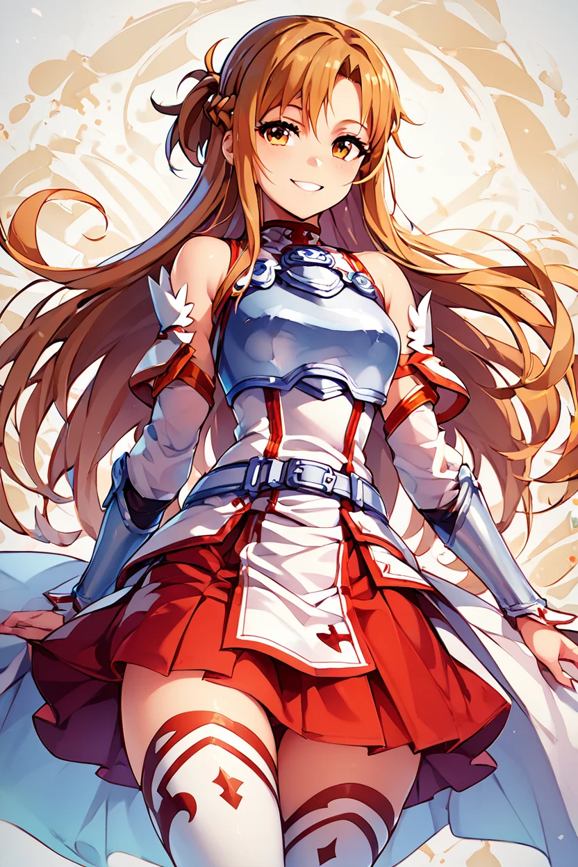 score_9, score_8_up, score_8, medium breasts, (curvy), cute, eyelashes,       BREAK, , zzAsuna, asuna (sao), long hair, brown hair, brown eyes, braid, very long hair,  thighhighs, bare shoulders, detached sleeves, armor, white thighhighs, breastplate, red skirt,   <lora:Asuna_SAO_PDXL_v3:0.8>,, BREAK, smile, looking at viewer,  abstract background, white outline, cowboy shot, embedding:zPDXL, Expressiveh, <lora:CatalystStylePDXL:0.6>,  <lora:SDXLFaeTastic2400:0.5>,  <lora:Expressive_H-000001:0.4>,