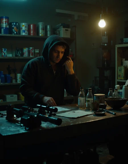 cinematic scene of a dystopian market vendor, a vendor stand behind the counter wearing dark hoodie, bored expression, tired eyes, , the counter is cluttered with bottles, papers, screws, guns, in the back is shelf cluttered with tools, supplies, canned food, a light bulb hangs from above giving the space light, <lora:CinematicStyleFlux_v1:1> <lora:Dark Cinematic:1> DRK ,