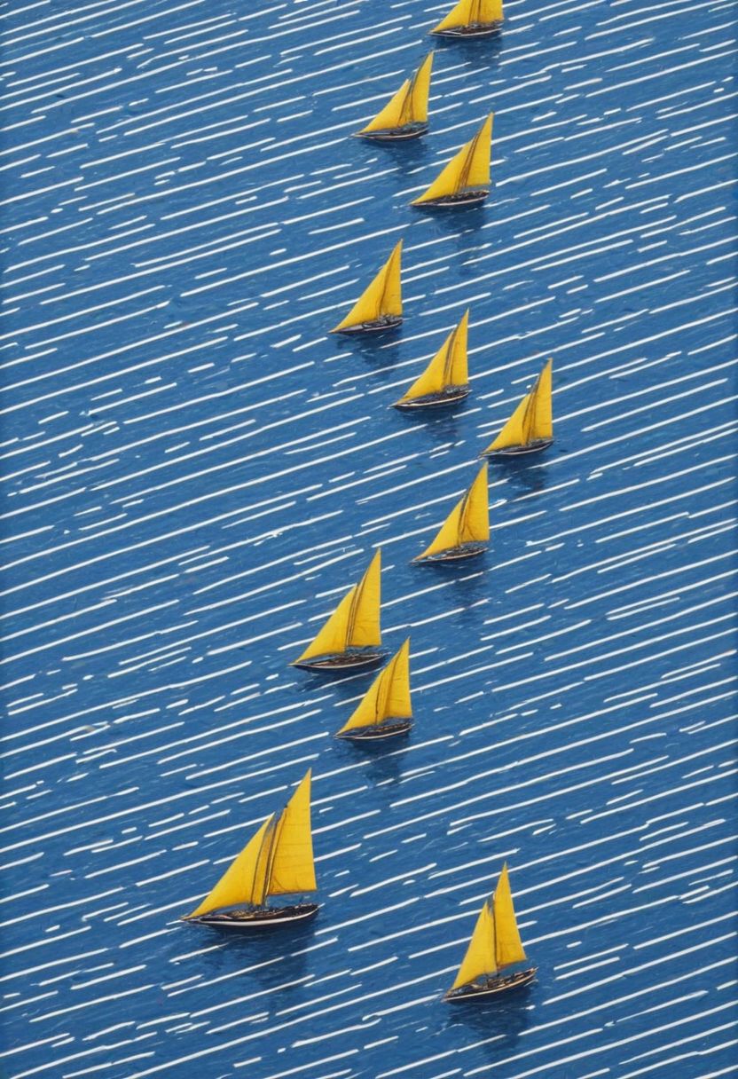 bw-grignani, emphasis lines, horizontal perfect bold lines,  infinite beauty of yellow flying sail ships over serene blue seas, with endless lines guiding the eye.