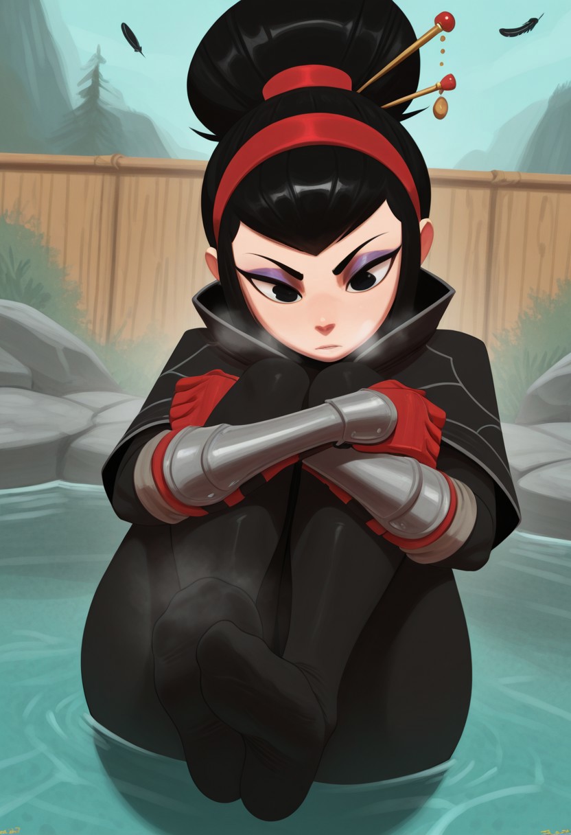 thehumancopier,  outdoors, undershirt, falling feathers, black bodysuit, hair stick, hugging knees, knees to chest, gauntlets, eyeshadow, red gloves, two sides up, black capelet, red hairband, black eyes, 1girl, solo, feet, visible breath, dynamic angle, foreshortening, smell, steam, onsen, water