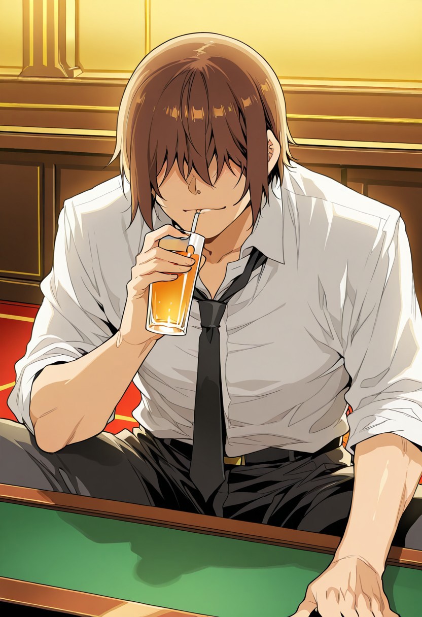score_9, score_8_up, score_7_up, score_6_up, source_anime, BREAK, 1man, solo, (( <lora:hentai_mc:1> , hentai_mc, faceless, shaded face, toned body, manly, strong male, alfa male, short brown hair, hair over eyes, charismatic male, )) , A low light image of hentai_mc sitting at a green casino table. He sits in shadows while light illuminates his face. He is holding a filled martini glass to his lips and drinking from it. He is wearing a dark navy tuxedo with a white shirt and a black box tie. Behind him is a 1960s casino filled with volumetric lighting and the smoke of cigarettes.