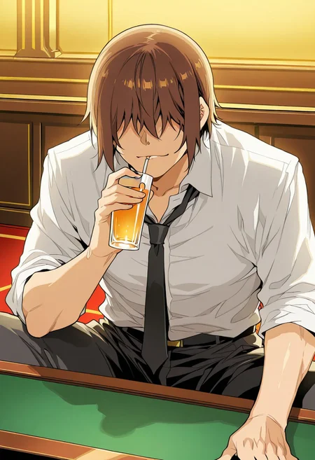 score_9, score_8_up, score_7_up, score_6_up, source_anime, BREAK, 1man, solo, (( <lora:hentai_mc:1> , hentai_mc, faceless, shaded face, toned body, manly, strong male, alfa male, short brown hair, hair over eyes, charismatic male, )) , A low light image of hentai_mc sitting at a green casino table. He sits in shadows while light illuminates his face. He is holding a filled martini glass to his lips and drinking from it. He is wearing a dark navy tuxedo with a white shirt and a black box tie. Behind him is a 1960s casino filled with volumetric lighting and the smoke of cigarettes.