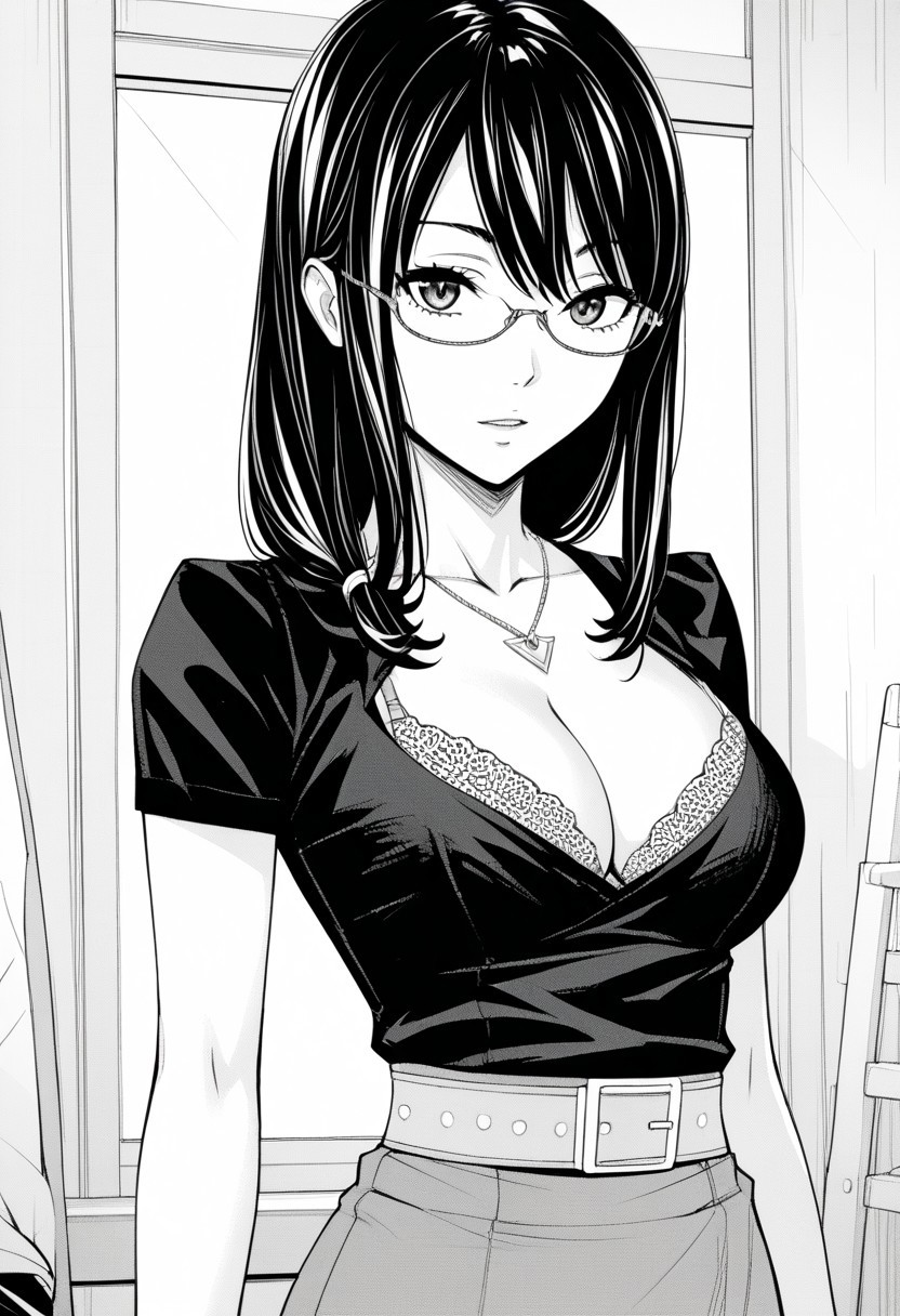 score_9, score_8_up, score_7_up, source_anime,(extremely detailed CG), (best quality),monochrome, greyscale,
1girl,glasses,necklace, shirt, short sleeves, bra peek, bra, cleavage cutout, cleavage, belt, high-waist skirt, side slit, Black hair,long hair,back,