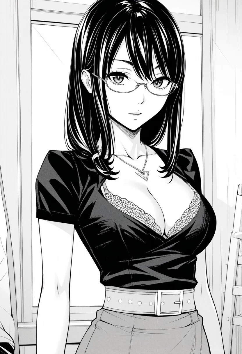 score_9, score_8_up, score_7_up, source_anime,(extremely detailed CG), (best quality),monochrome, greyscale,
1girl,glasses,necklace, shirt, short sleeves, bra peek, bra, cleavage cutout, cleavage, belt, high-waist skirt, side slit, Black hair,long hair,back,