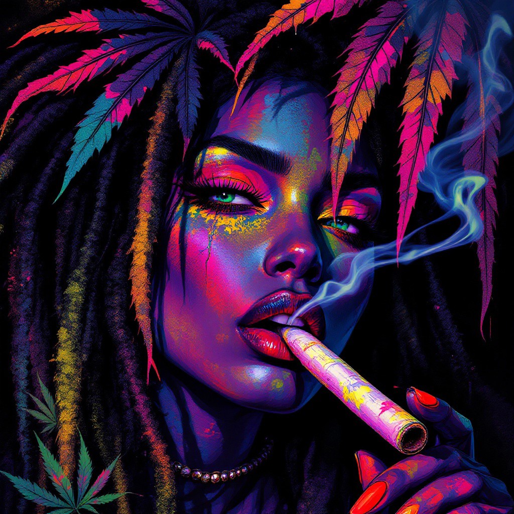 Comic Rebellion, retro pop art Portrait of a Rasta mooon queen smoking a blunt , cybergoth, nu-goth, post apocolytic,  multicolor neon tones, wabi-sabi art, abstract, punk collage, urbanpunk, random textures, random graffiti strokes, Impermanence, vintage abstract composition, weed leaves, dynamic angles,  dynamic pose,  8k, ultra violet,  black background