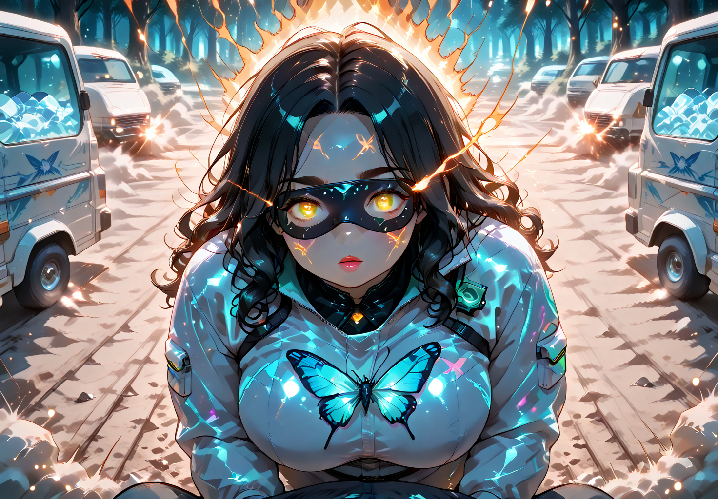 IllusP0s, PonyScores7, source_anime, ah1, IllustriousQual, interesting, exciting, spectacular, wonderful, amazing quality, absolutely eye-catching, very awa,
BREAK <lora:xl_more_art-full_v1:0.2>, <lora:aesthetic_anime_v1s:0.2>, <lora:detailxl:0.2>, detailxl, amazing quality, best aesthetic, absurdres, illustration, Volumetric_Lighting, ultra-detailed, very aesthetic, intricate details, best_quality, lazympos, <lora:Add_Details_v1.2:0.4>, <lora:quality_modifiers_masterpieces_v1:0.2>, anime style, <lora:HDA_Detailer:0.3>, <lora:natsumi_style:0.2>, <lora:by_usakun-pony:0.2>, by usakun, <lora:Akina_Bbw_Style_-_PonyXL:0.2>, AkinBw,
BREAK (((vehicle, driving truck bed standing))), dynamic pose,
BREAK 1girl, mature female, (curvy), round-chin, caucasian, <lora:ETO_OC_Illustrius:0.5>, eto_oc, skindentation, (plump), thick thighs, wide hips, busty, voluptuous, round ass, gigantic breasts, pale skin, <lora:plussizegirls_IL:0.3>, <lora:plussizegirls_pony:0.3>, <lora:shinyskin2:0.2>, glistening skin, HDA_FatGirlXL, <lora:perfection style:0.2>, perfection style, perfection, 
BREAK ((<lora:DK_glowing_style:0.3>, glowing, glowing particles, glowing flame, light particles, aura, <lora:Glowing_Neon_Cyberpunk_XL:0.3>, Glowing Neon Cyberpunk, <lora:glow_v2:0.3>, <lora:Glowing_tattoo:0.3>, Glowing tattoo <lora:Ethereal_Glowing_Stars_XL:0.3>, ethereal glowing stars, <lora:glowing style XL:0.3>, glow_ink, neon_reverie, translucent_paint, glow, <lora:Magical_Glow_XL:0.3>, magical glow, internal glow, magic, fantasy, glowing, colorful, <lora:Glowing_Fashion_Portraits:0.3>, <lora:glowing eye trail_pony_bx-v1.10:0.3>, glowing eye trail, <lora:Elly_The_Psionic_Warrior:0.8>, eerie black quantum-tech weave, 3lly Th3 Ps10n1c W4rr10r, psionic, glowing powder, matrix battlesuit, floating light particles, floating glowing particles, dust, glowing dust, glowing tattoo, Psionic Warrior)),
BREAK (curly hair), long hair, (black hair:1.4), (parted hair:1.7), messy hair, kinky curls, detailed hair, <lora:hairdetailpxl:0.2>, hairdetailpxl,
BREAK (half green and brown eyes), (colorful eyes), (multicolored eyes), (downturned eyes:1.4), expressive eyes, perfect eyes, eyes hd, detailed eyes, (round face:1.2), (thick eyebrows:1.3), (plump face), lips, <lora:Round_face:0.2>,
BREAK (((Face with a sleep mask expression))), Expressive, emotional, looking at viewer, Face Detailed, <lora:Expressive_H:0.2>, Expressiveh, <lora:Emotional_Anime_Expressions_PonyXL_Concept:0.2>, <lora:Best_Facial_Expression_LoRA_PONY:0.2>, looking at viewer, <lora:Detailed expressive EXEV style -XL Pony V1.0:0.2>, FaceDetail, <lora:Best_Facial_Expression_Helper_XTREME_ILLU:0.4>, kaogei,
BREAK (((Crystal butterfly forest with iridescent butterflies and magical cocoons))), (((Pov_against_the_wall))), 4k, 8k, Ultra HD, Masterpiece, Best quality, Detailed background, foreshortening, extreme perspective, full_details, <lora:AddMicroDetails_Illustrious_v3:0.2>, addmicrodetails,