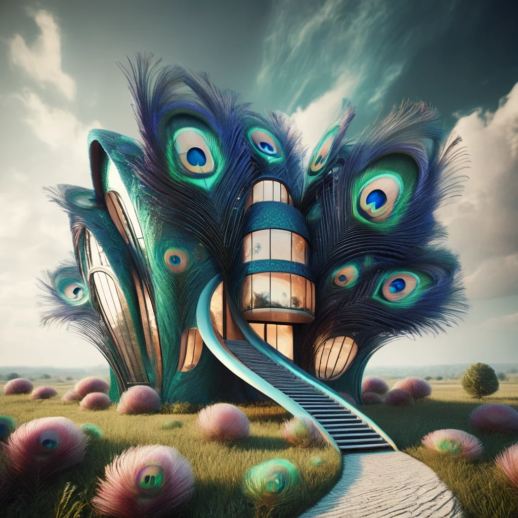 pavolaris futuristic house with peacock feathers, professional photo, expressive, detailed, sharpened, cinematic<lora:pavolaris:1>