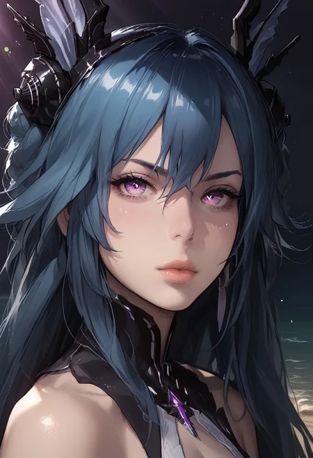 masterpiece, best quality, highres, absurdres, realistic, realistic skin texture, realistic hair, best quality, very aesthetic, perfect face, extremely detailed eyes, score_9, score_8_up, score_7_up
BREAK
1girl, God rays, portrait, on a beach, evening, dynamic angle, side view, looking at the viewer, LostLullaby, light purple eyes, blue hair, long hair, Lost clothes, headgear
BREAK
dark background, fairy light, dark light, cute face, blush, pout, averting eyes