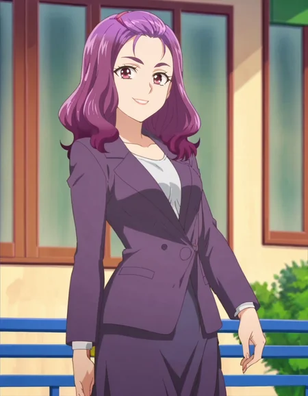 score_9, score_8_up, score_7_up, anime screencap, solo,1girl,miminokurumi,  skirt, smile,  formal,  black pantyhose, looking at viewer,purple jacket, purple skirt cowboy shot,medium breasts<lora:miminokurumi:0.8>