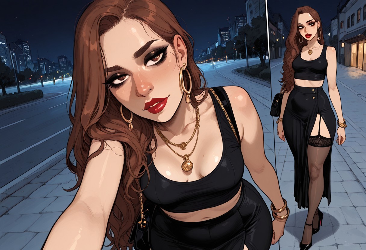 score_9_up, score_8_up, score_7_up, masterpiece, best quality, incoth, (incase:0.6), very aesthetic, (dynamic:1).
1girl, solo,, detailed face, larkaf ,1woman, sensual, milf, 30 years old, arab nose, wide nose, hazel brown eyes, long fake eyelashes, small breasts, wide hips,  big ass, very long brown hair, Voluminous hair, thick thighs. 
dramatic.
seductive look, confident, eyes open
night makeup, red lips,
big golden round earrings, bracelets, necklace, black purse with gold ornaments,  small black tight crop top, loose black high waisted long cloth skirt,  thigh high stockings, Black high heels with red soles
walking alone on the sidewalk
outdoors, night lights, city night on background, (close up, bust shot)