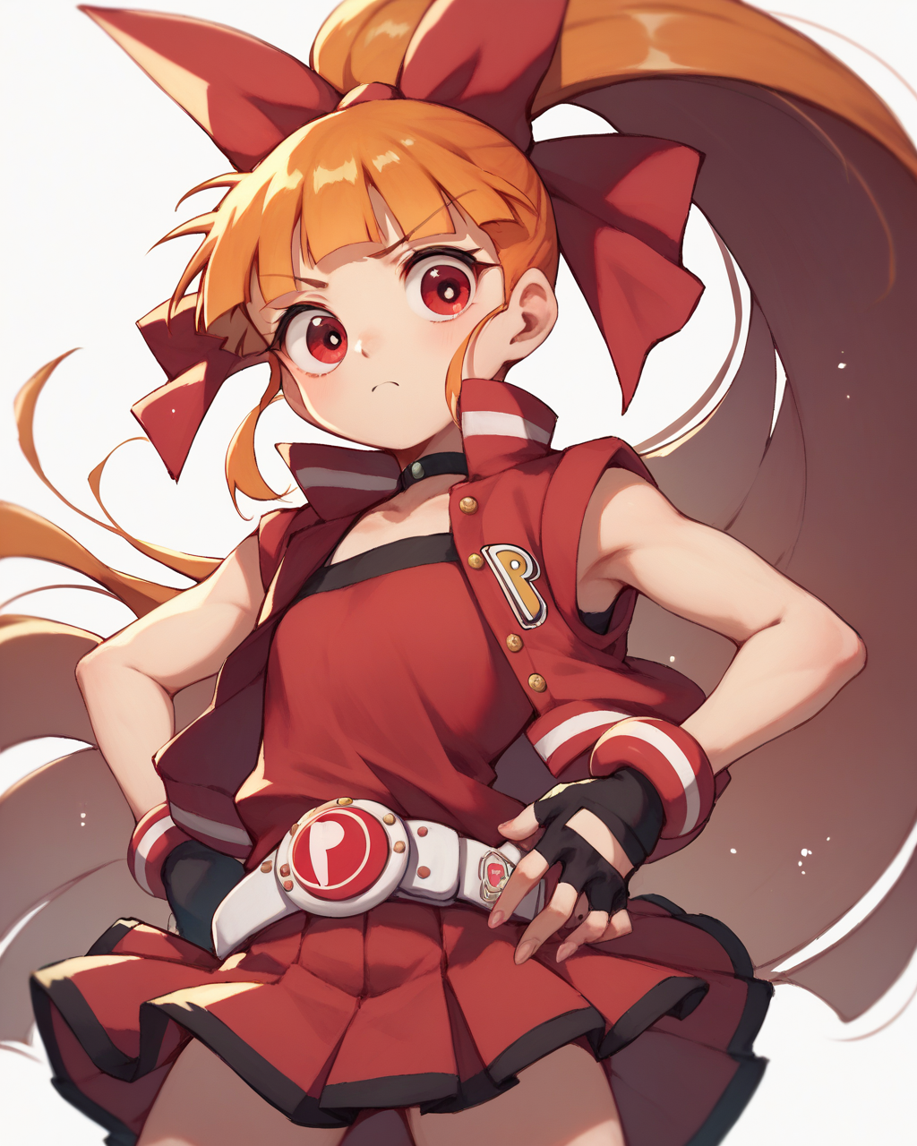 score_9, score_8_up, score_7_up,
<lora:Akazutsumi_Momoko_PONY:0.8>,akazutsumi momoko, 1girl,solo,long hair,red eyes,blunt bangs,orange hair, ponytail,red bow, fingerless gloves, skirt, belt, red vest,