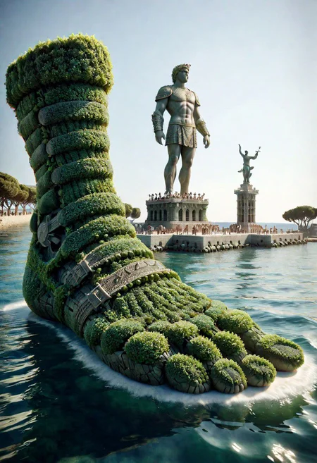 mad-hecke of (((enormous foot)) of antique statue of Colossus of Rhodes), a statue in the middle of a body of water, a digital rendering by Luis Molinari, reddit, renaissance, colossus of rhodes, the colossus of rhodes, the god poseidon, small commercial caravels sailing, (masterpiece:1.2), best quality, (hyperdetailed, highest detailed:1.2), high resolution textures