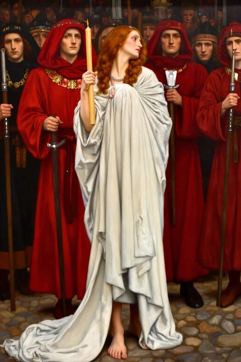 edwinabbey1 painting.
A medieval scene featuring a woman with long, flowing red hair, wearing a white, draped garment that loosely surrounds her. She is holding a long burning candle stick in her hand. She is turning her to look behind her. A group of men dress in red robes are standing in the background. <lora:edwinabbey1_cap_d6a3:1.0><lora:837010725940751727:0>