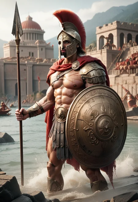 score_9, score_8_up, score_8, male spartan warrior, hyper-realistic, bronze armor, Corinthian helmet, red horsehair crest, muscular physique, large round shield, ancient Greek symbols, battle scars, long spear, poised for thrust, rugged mountainous terrain, dusty battlefield, intense focus, unyielding determination, earthy tones, bronze, brown, historical authenticity <lora:SpartanArmor:0.7> Spartan armor, Spartan helmet, red cloak, <lora:Spartan_Spear_and_Shield:0.7>, spear warrior, background ancient Greek mountain coastline with a view of the Greek Aegean Sea with boats and Greek islands, <lora:add-detail-xl:0.65>, <lora:blood bath-GMR:0.35> Blood Bath,  <lora:d\EnvyActionShotXL01:0.65> action shot