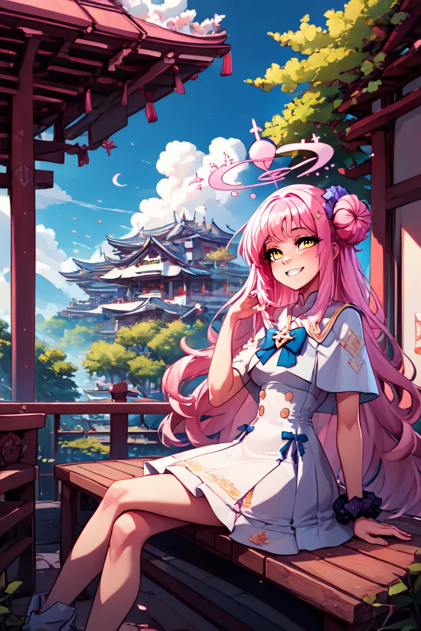 score_9, score_8_up, score_8, BREAK, , ,,, <lora:MikaMisono_BlueArchive_PDXL:1>, zzMika, pink hair, halo, yellow eyes, long hair, single side bun, hair flower, pink halo, hair ornament, white dress, blue bow, hair bun, scrunchie, white capelet, ,,, , BREAK, sitting on bench, side view, smile, looking at viewer, cowboy shot, ,,, BREAK, pnkBldng, sky, day, cloud, tree, blue sky, building, architecture, east asian architecture, ,,, BREAK, embedding:zPDXL, Expressiveh, ,,, <lora:PinkBuildingsPDXL_v2:0.6>, <lora:SDXLFaeTastic2400:0.5>, <lora:Expressive_H-000001:0.4>
