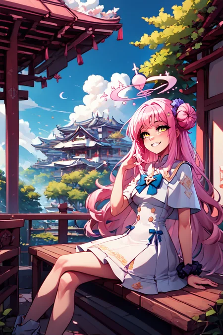 score_9, score_8_up, score_8, BREAK, , ,,, <lora:MikaMisono_BlueArchive_PDXL:1>, zzMika, pink hair, halo, yellow eyes, long hair, single side bun, hair flower, pink halo, hair ornament, white dress, blue bow, hair bun, scrunchie, white capelet, ,,, , BREAK, sitting on bench, side view, smile, looking at viewer, cowboy shot, ,,, BREAK, pnkBldng, sky, day, cloud, tree, blue sky, building, architecture, east asian architecture, ,,, BREAK, embedding:zPDXL, Expressiveh, ,,, <lora:PinkBuildingsPDXL_v2:0.6>, <lora:SDXLFaeTastic2400:0.5>, <lora:Expressive_H-000001:0.4>