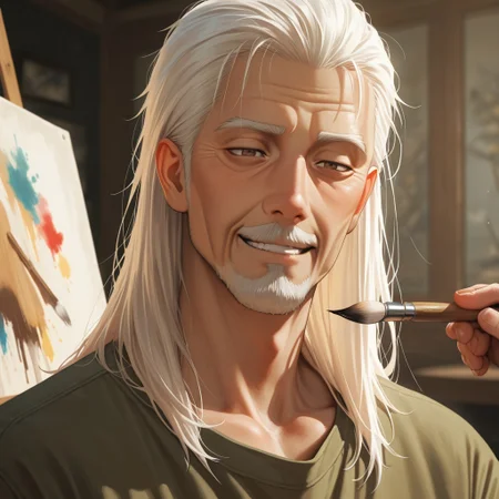 masterpiece, best quality, amazing quality, absurdres, newest, detailed background, definition so sharp, Ultra-HD, 8K cinematic, very awa, impressionate, amazing quality, highres,
solo, male focus, manly,
daikakukokujouji, lieutenant_white hair, lieutenant_brown eyes, 1boy, solo, old man, long hair, painting, focused expression, slight smirk,loose-fitting clothes, art studio, natural light, paintbrushes, canvas, satisfied, creative, absorbed, expressive, calm, joyful, cool hobby