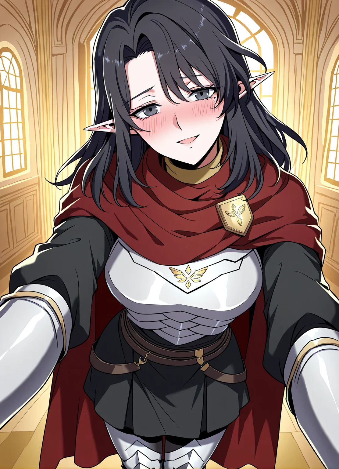<lora:Aya_Grephin__The_Beginning_After_the_End__Illustrious:1>
1 girl, solo, female elf, medium length black hair, pointed ears, mole under left eye, black eyes,
dark red cape, red scarf, golden crest, white chest armor, silver gauntlets, armored gloves, black undershirt, dark skirt armor, waist belts, thigh armor, armored boots, cloak fluttering, fantasy knight outfit, fantasy style
score_9, score_8_up, score_7_up, score_6_up, source_anime, rating_explicit, 1girl, solo, smile, embarrassed, alcalose eyes, open mouth, mansion, indoors, looking at viewer, outstretched arms, pov, close-up, (head tilt:1.2)