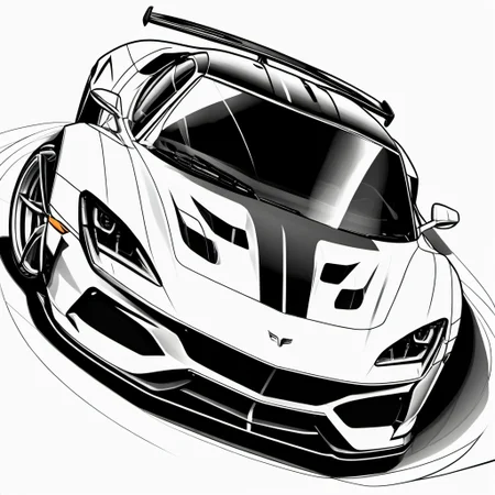 black and white, line art, coloring drawing of a sport car<lora:Coloring_book_-_LineArt:0.6>, white background, thick outlines