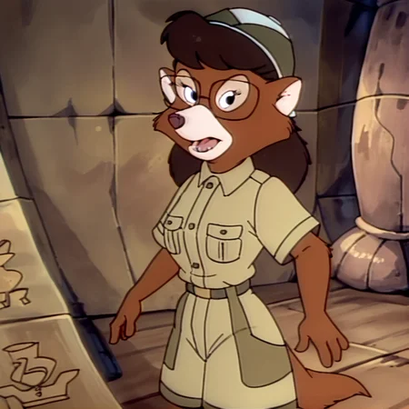 score_9, score_8_up, score_7_up, score_6_up, score_5_up, score_4_up, BREAK, <lora:Myra_foxworthy:1>. 1g1girl, solo, looking at viewer, open mouth, black eyes, hat, tail, shorts, uniform, pith helmet , military, furry, retro artstyle, myra foxworthy, glasses, furry female, fox girl, brown hair, body fur, khaki shorts