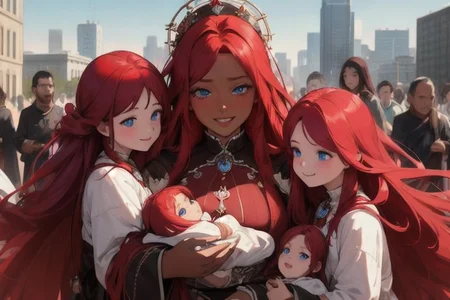 (masterpiece, best quality:1.5), (ultra realistic:1.5), (8k uhd, very high quality:1.5), (extremely detailed face:1.5), (everyone has ruby red hair:1.5), (dark skin mother holding an endless amount of infants and surrounded by an endless amount of her children:1.5), (everyone smiling and happy:1.5), (everyone has bright blue eyes:1.5), (everyone has long ruby red hair:1.5), (the woman is surrounded by endless amounts of her children that fill the entire background:1.5), (the woman is surrounded by an endless amount of her children that fill the entire background:1.5), (city background:1.5)