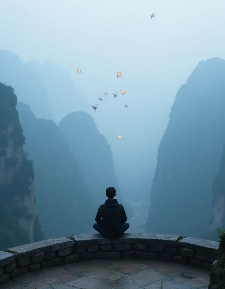 A photograph of a contemplative 24-year-old Chinese man sitting cross-legged on a stone bridge overlooking a misty mountain range in Zhangjiajie National Forest Park, where the mist has coalesced into a flock of wispy, luminescent paper kites that dance and flutter around him., <lora:amateurphoto-v5-14-15-1-1:0.4> <lora:Another_Amateur_Lora:0.4> <lora:Phlux:0.4> <lora:UltraRealistic_Lora_Project:0.4>