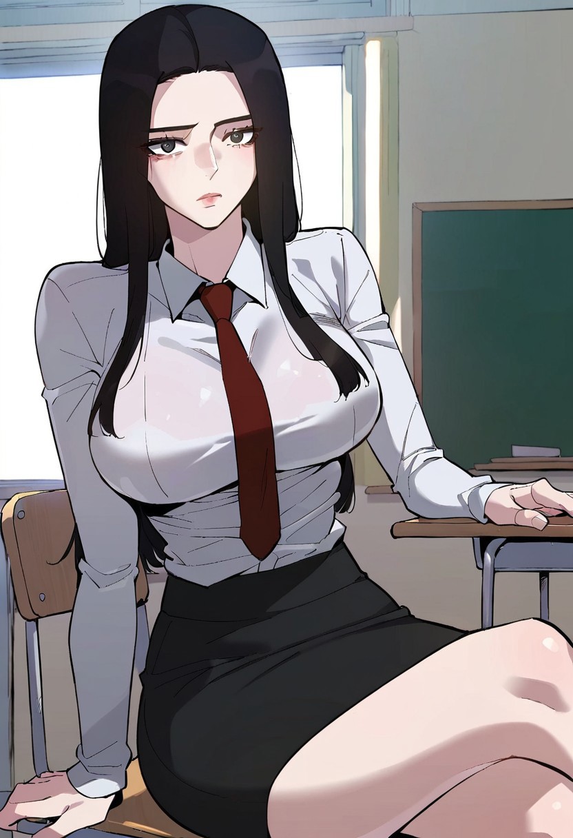 score_9, score_8_up, score_7_up, score_6_up, source_anime, rating_explicit, 1girl, (solo:1.1), large breasts,<lora:Baek Suzy prefectPonyxl:0.85> black hair, long hair, grey eyes, black eyes, white shirt, red necktie, collared shirt, long sleeves, miniskirt, black skirt, pencil skirt, expressionless, classroom, indoors, looking at viewer, on chair, sitting, crossed legs, close-up