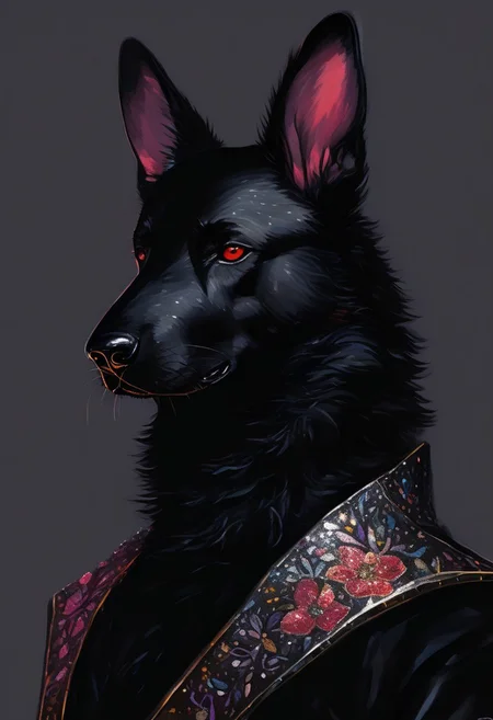 aaAR7gl,no humans,animal focus, (sparkle),gleam,,black hare,avangard fashion couture, petals,animal whisker, simple background, magazine cover, portrait, intriguing details, huge red eyes,slip pupil, gleam, painting, drawing, wearing a leather jacket, k9, looking heckin cool and stylish, german shepherd, dog man, nasus, demodog, security agent, discord profile picture, albert wesker, security rhox, flat, illustrator, painting, drawing,