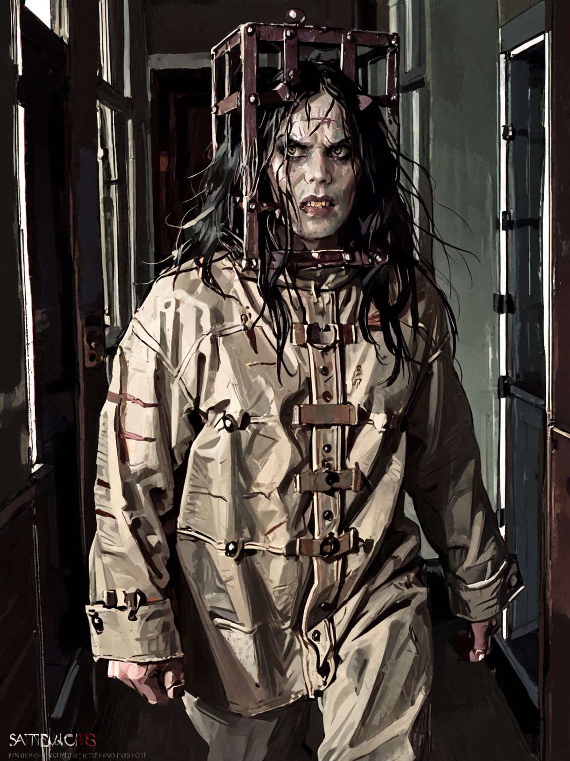 <lora:TheJackal:0.8>, jacka1, 1boy, black hair, long hair, scar, zombie, cage on head, male focus, running, angry, evil green, untied straitjacket, corridor, dark, indoors, solo, upper body, horror theme, <lora:AlexanderMandradjiev:0.8>, zPDXL3, score_9, score_8_up, score_7_up, score_6_up, score_5_up, score_4_up, realistic, real, hyper realistic, (source_real)