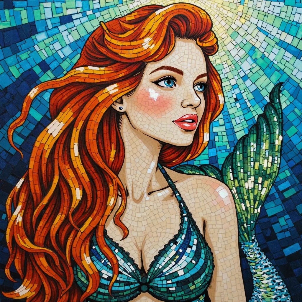 A stunning portrait of a woman mermaid, depicted in a mosaic style. Her flowing red hair cascades around her shoulders, composed of small, colorful tiles that reflect different hues of orange, red, and gold. Her shimmering scales are crafted from blue and green glass pieces, adding texture and brilliance to her tail. The background showcases the depths of the ocean, with various shades of blue and aquamarine tiles, as light filters through the water, illuminating the serene expression on her face