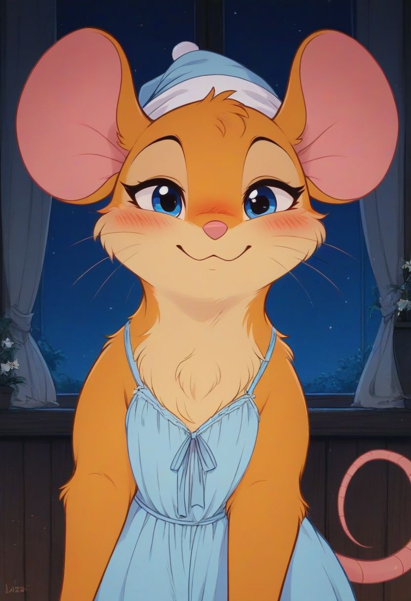 score_9, score_8_up, score_8, (solo), (fluffy:0.8), (feral:1.5), indoors, furry, ((mouse)), female, blue eyes, (golden fur), claws, (fluffy cheeks:0.7), (light blue nightgown, nightcap), front view, (upper body shot:1.5), tired expression, smiling, j_cartoon, (looking at viewer), (cute), night, blush, (open mouth:0.3), talk