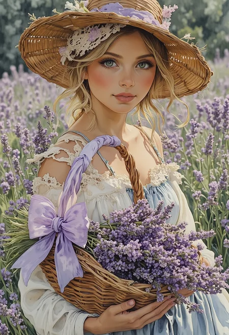 painting of woman holding basket with lavender, facing to camera, the handle of the basket has a translucent purple bow