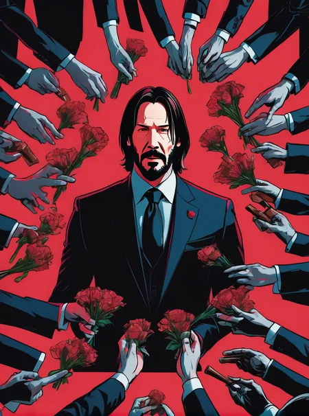john wick 2 poster, surrounded by hands holding flowers and chocolate from all angle in dark cinematic background