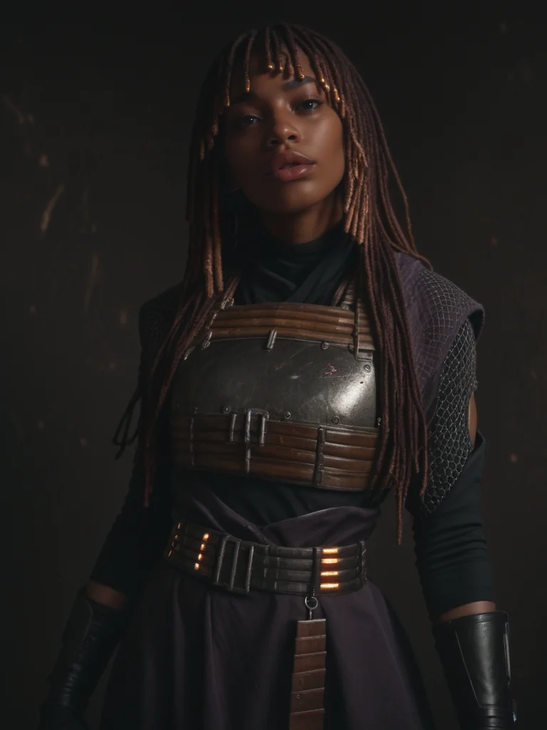 female, detailed face, dark background, solo, score_9, score_8_up, score_7_up, score_6_up, ninja, dark skin, lips, armor, science fiction, ammunition belt, red dreadlocks, long hair, bangs, <lora:Mae-ho_Aniseya:1>, (dark atmosphere:2)