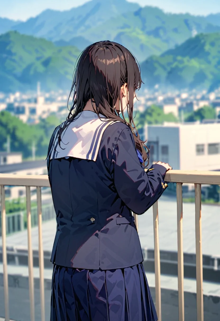 masterpiece, best quality, very aesthetic, absurdres,
okujyou, 1girl, 1boy, outdoors, school uniform, long hair, blurry, black hair, skirt, mountain, serafuku, blurry background, day, railing, gakuran, blue skirt, depth of field, long sleeves, from behind, brown hair, black pants, sky, building, sailor collar, pants, blue shirt, shirt
<lora:gakkou_okujyou_SDXL_V1:1>