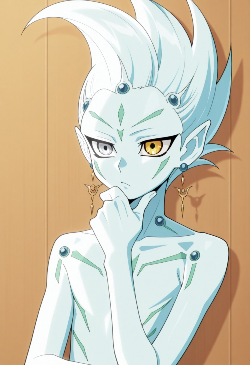 masterpiece,best quality,amazing quality, source_anime, 
astralzx, 1boy, male focus, solo, blue skin, spiked hair, pointy ears, earrings, heterocromia, grey eyes, yellow eyes, upper body,  hand under chin, thinking,