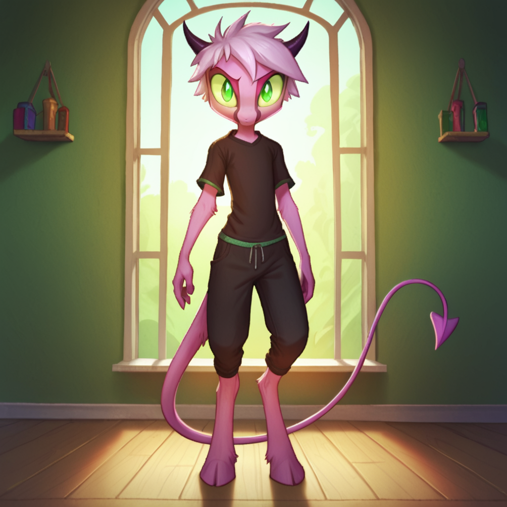 score_9, score_8_up, score_7_up,
Dreamkeepers,namah_calah, solo,small horns,looking at viewer,single demon tail,standing,inside,room,detailed backround,green eyes,pink fur,front view,
,<lora:dreamkeepers_multiple_Characters:0.8>,