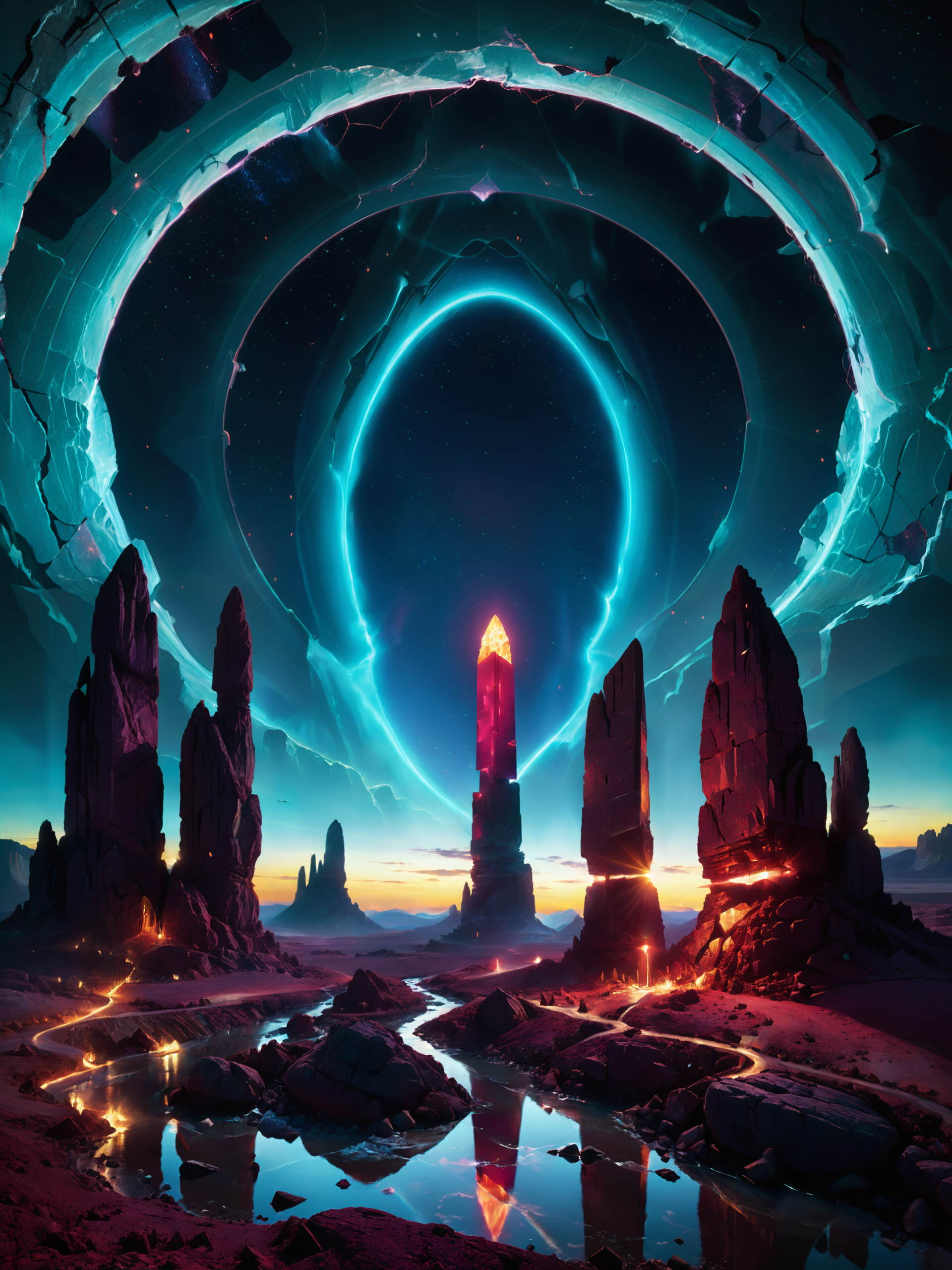 <lora:more_artful-xl:0.8> <lora:add-detail-xl:2.4> <lora:style-matte_black_contrast-xl-v3-by_tijuanaslumlord:0.4> <lora:style-glowing_neon-xl-by_cybernella:0.8> <lora:envybetterhiresfixxl01-xl:0.0:hr=1.0>, vntblk, movie poster art, [night, stonehenge, (moon:0.6), intricately flowing light strands:famous artwork by (jessica rossier:1.2) and (wanke:1.4), (artifact:1.4), ominous dark (extraordinary and transcendent:1.3) landscape with towering (obelisks:1.6) standing in a straight line, glowing ornate lovecraftian artifact, jagged rock formations, night sky, mysterious, ethereal, deserted, dark corners, (aquamarine:1.2), (mauve:0.9), (bordeaux red:1.4), (chartreuse:1.1):16], ultra detailed