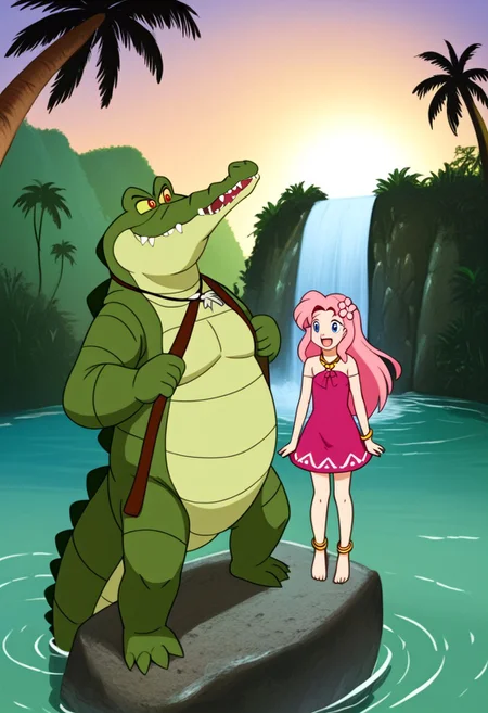 Tick tock crocodile,male animal focus,tail, crocodile open large mouth ,green skin, blue eyes, Tick Tock the crocodile is giant and very huge size,teeth, swimming in water,partially submerged,Tick Tock the crocodile looking at a young girl who she is standing on rock cliff. Little_Girl_anime_manga,long hair,pink hair, dark-skinned female,the girl her very smal size, purple eyes, ancient tropical_clothe, chest_band,red very long_dress, jewelry, dark skin, smile, necklace,hair flower, bracelet, anklet, barefoot,open mouth,river,palm trees, jungle, Disney, waterfall,anime, manga