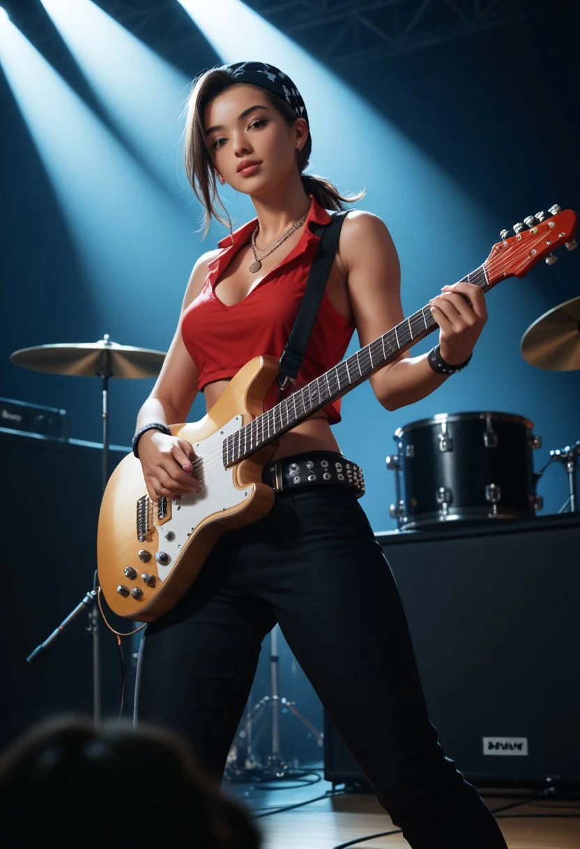 score_9, score_8_up, score_7_up, score_6_up, score_5_up, score_4_up, A young woman, likely in her late teens or early twenties, with dark hair and a medium complexion, is positioned on a stage, playing an electric guitar. She is centered in the image but slightly to the left of the frame. She's facing the viewer, her expression focused and intense as she plays. She is wearing a sleeveless, vibrant red top, black pants or skirt, and a studded belt. A bandana or wristband is visible around her wrist. She is wearing jewelry including a layered necklace with a pendant. Her body is slender and athletic. The setting is a rock concert, with other musicians playing instruments (drums and a guitarist) in the background. The stage is lit by bright stage lights, creating a dynamic atmosphere. The image has a 1970s-1980s rock concert vibe, with muted tones of light red, black, white, and gray dominating the colors. The perspective is from slightly in front of and slightly above the woman, with a focus on her playing the guitar. The overall style is a snapshot of a concert performance with a clear emphasis on the musical artist.
