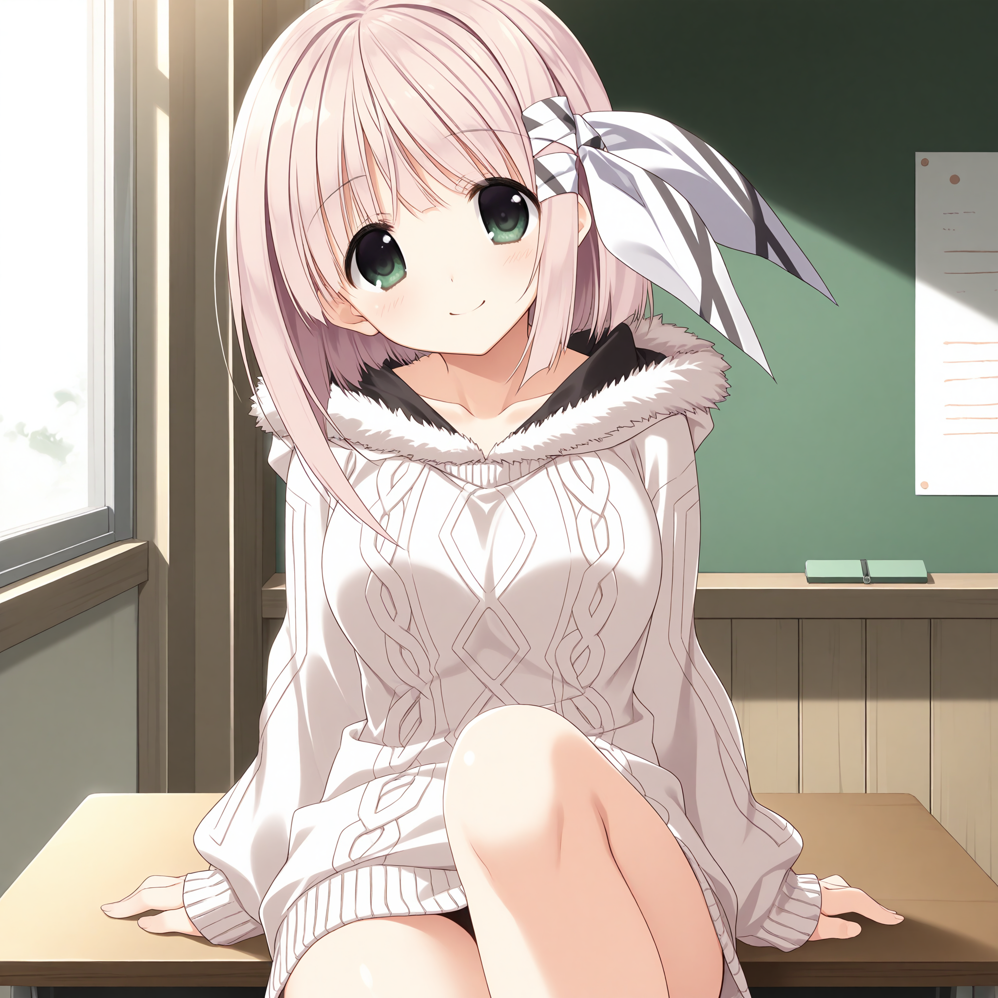 <lora:Hiiragi_Nonomi_1_nai-000046:1>,Hiiragi Nonomi,hair ribbon,white ribbon,
aran sweater,white sweater,fur trim,hood,
1girl,solo,sitting,on desk,front view,looking at viewer,indoors,smile,arm support,head tilt,knee up,