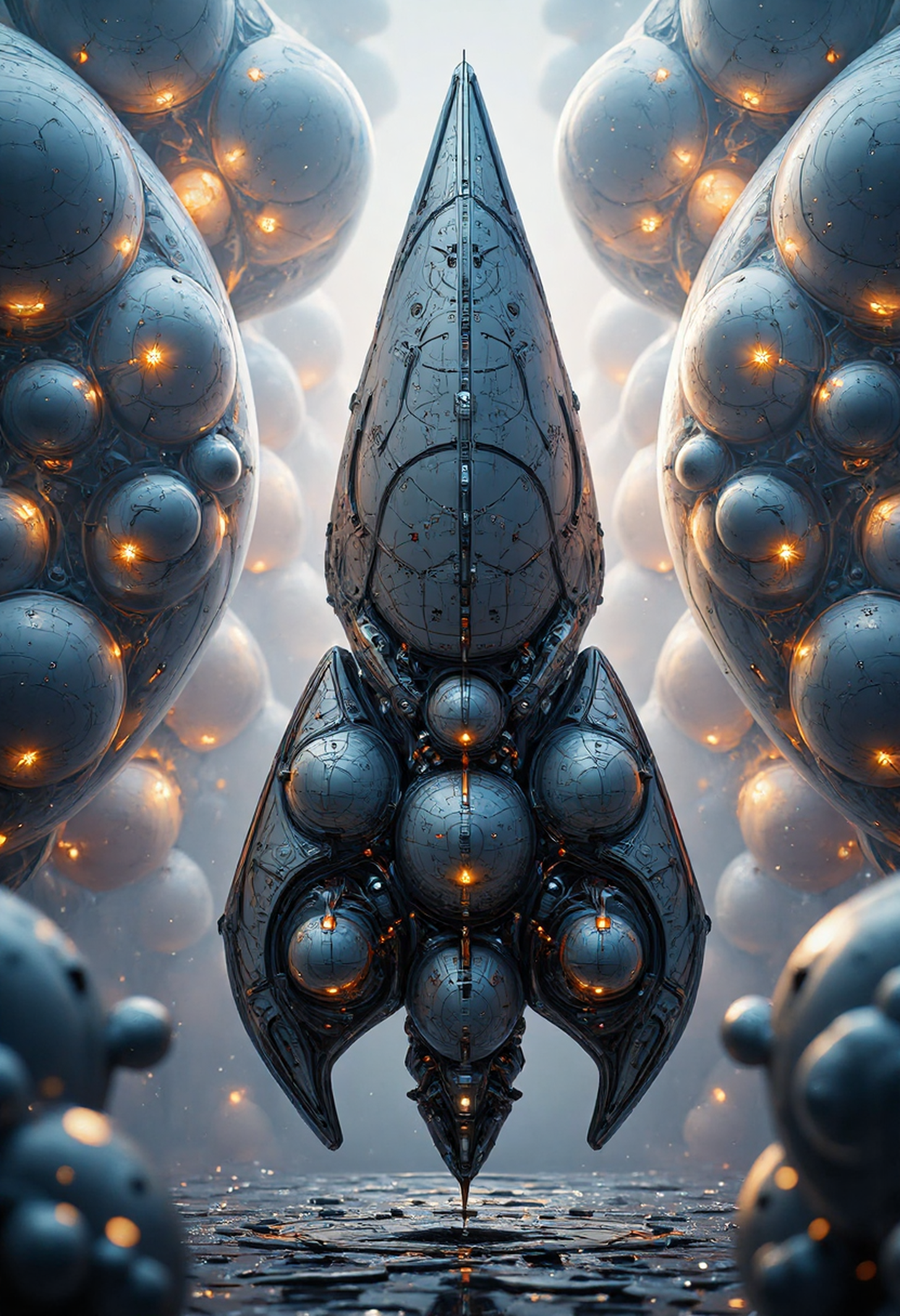 YFG-Ge0m, A vast aerospace built inside massive, glowing bubbles suspended high in the sky. The translucent surfaces of the bubbles shimmer with vibrant fractal patterns, casting a mesmerizing glow against the deep industrial grays of the spacecraftâtones of lead, bromine, and steel gray define their sleek, modern exteriors. The intricate details of the ships, with their aerodynamic contours and advanced propulsion systems, evoke a sense of cutting-edge space technology. The scene is cinematic, hyper-realistic, and awe-inspiring, capturing the contrast between the ethereal beauty of the floating bubbles and the rugged industrialism of the fleet. The sky is an endless expanse, illuminated by scattered light reflections, creating a futuristic masterpiece. YFG-Ge0m
