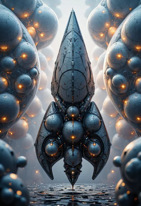YFG-Ge0m, A vast aerospace built inside massive, glowing bubbles suspended high in the sky. The translucent surfaces of the bubbles shimmer with vibrant fractal patterns, casting a mesmerizing glow against the deep industrial grays of the spacecraftâtones of lead, bromine, and steel gray define their sleek, modern exteriors. The intricate details of the ships, with their aerodynamic contours and advanced propulsion systems, evoke a sense of cutting-edge space technology. The scene is cinematic, hyper-realistic, and awe-inspiring, capturing the contrast between the ethereal beauty of the floating bubbles and the rugged industrialism of the fleet. The sky is an endless expanse, illuminated by scattered light reflections, creating a futuristic masterpiece. YFG-Ge0m