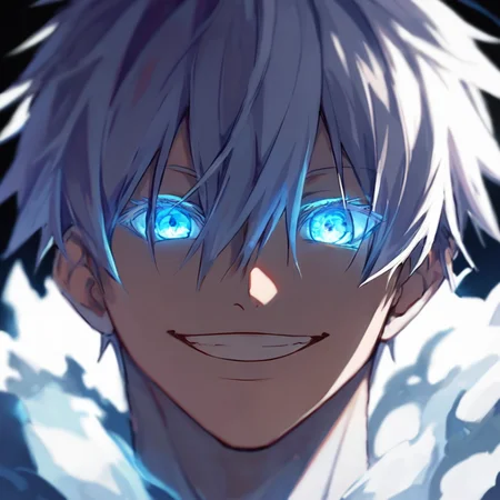 score_9, score_8_up, score_7_up,
SatoruGojo, solo, looking at viewer, smile, short hair, bangs, 1boy, hair between eyes, male focus, grin, glowing, black background, portrait, colored eyelashes, one eye covered with hair,
<lora:GojoSatoruPony19:0.6>