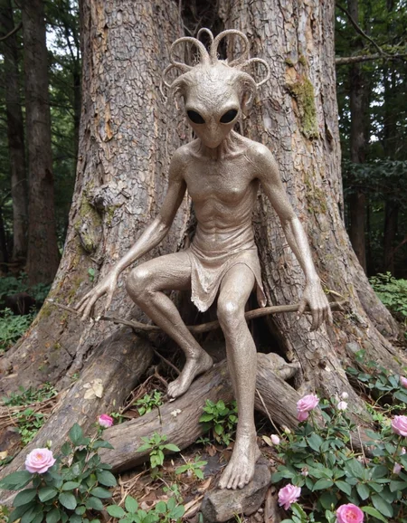 This is a sepia-toned photograph of a surreal, anthropomorphic tree creature perched on a large, weathered tree trunk. The creature's head is elongated and featureless, with large, black, circular eyes and long, thin tendrils extending from the top, resembling a crown. Its body is wrapped in a tight, metallic, brown fabric that appears to be a skin-like material, giving it a ghostly, otherworldly appearance. The creature's arms are long and thin, ending in delicate, claw-like hands, and it holds a long, thin branch in its right hand. The tree trunk is textured with rough bark and mossy patches, adding to the eerie, natural setting. Surrounding the tree are lush green plants and vibrant pink roses, creating a stark contrast against the dark background. The overall atmosphere of the image is mysterious and haunting, with a blend of organic and artificial elements, evoking a sense of the uncanny. The sepia tone adds a vintage, almost timeless quality to the photograph, enhancing the eerie and fantastical mood.