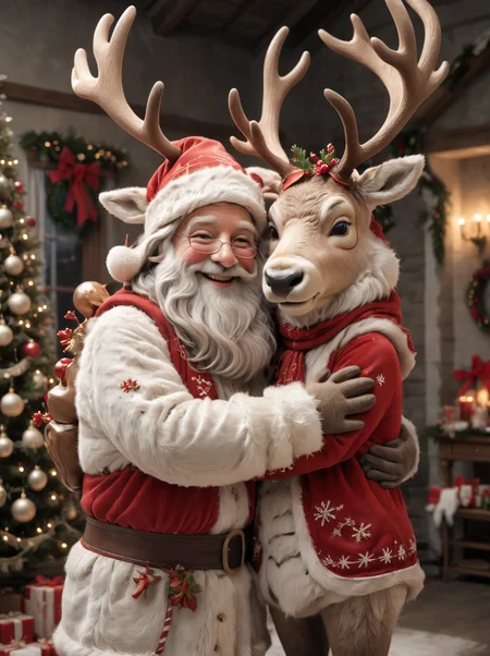 Santa hugging anthropomorphic reindeer, <lora:xl_more_art-full_v1:0.3> , <lora:add-detail-xl:0.5>, <lora:Anthropomorphic_Reindeer:0.5>